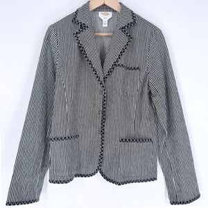 Talbots Womens Navy White Striped Whipstitch Blazer Jacket 12 Nautical Hamptons